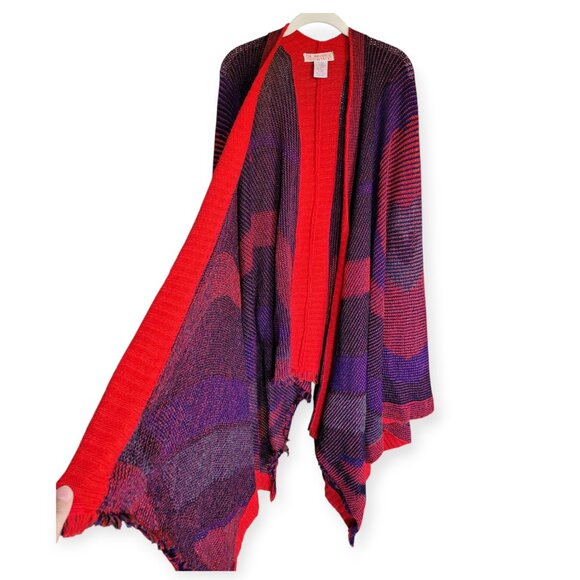 Vintage Gil Aimbez For Static Knit Poncho Red Purple 1980s Artsy Maximalist - Picture 2 of 8